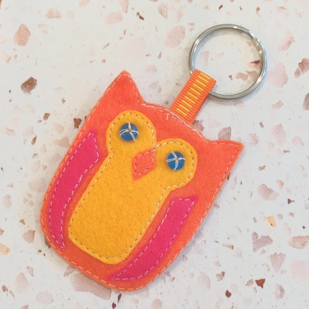 Cute Owl Applique Key Fob Handcrafted Felt Buttons 